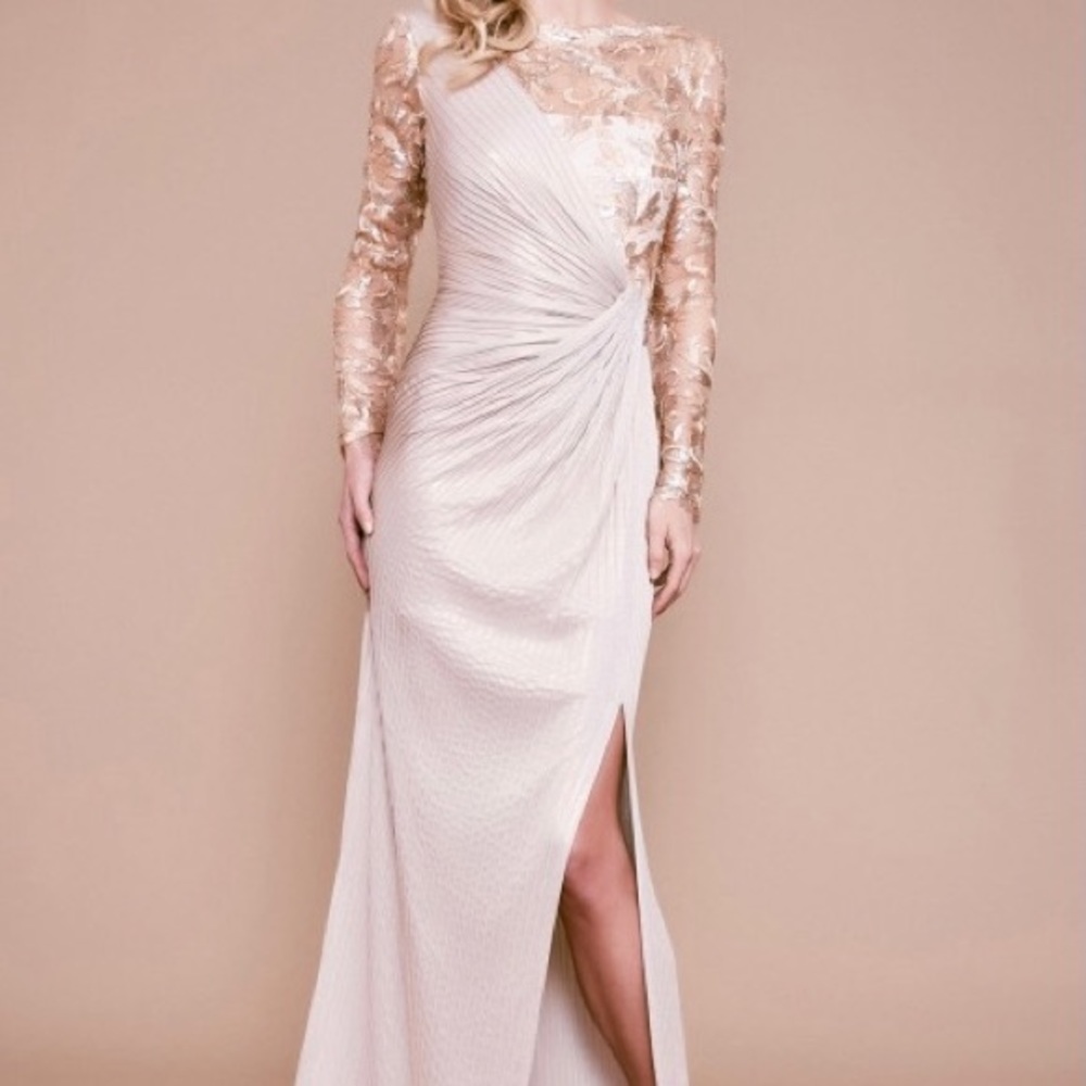 TAJA LONG-SLEEVE PINTUCK SEQUIN GOWN